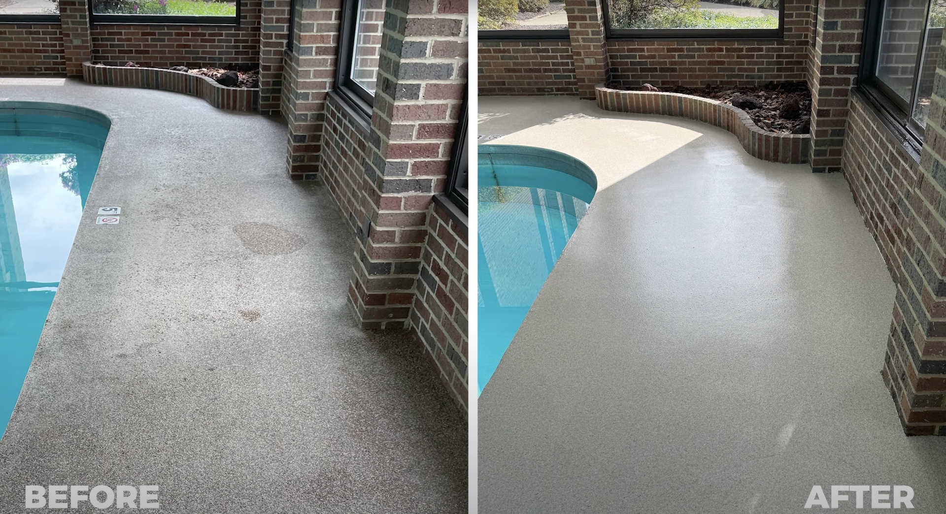 Before and after concrete pool deck resurfacing showing transformation from worn surface to smooth finish